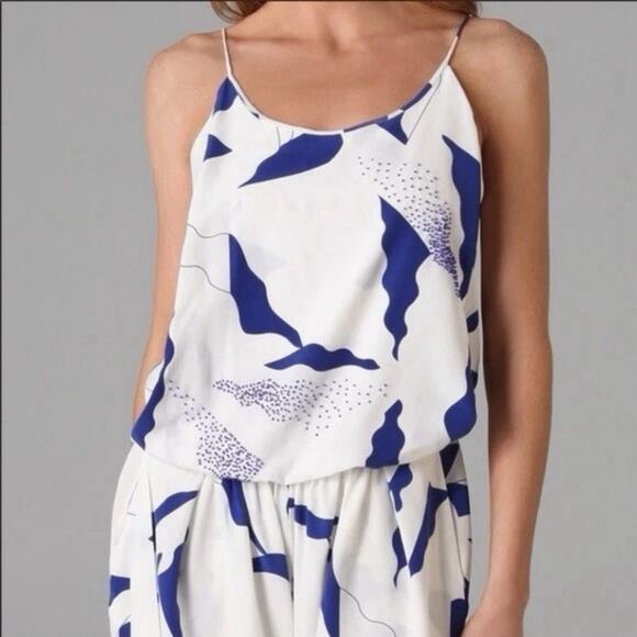 DIANE VON FURSTENBERG Silk Shorts Jumpsuit 6 Blue White Pockets Spaghetti EUC - Picture 4 of 13